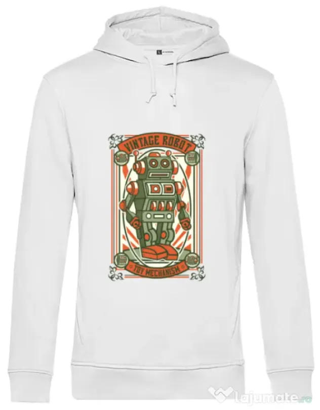Hoodie barbat cu gluga Vintage Robot Alb