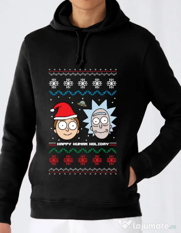 Hoodie barbat cu gluga Rick and Morty Christmas Negru