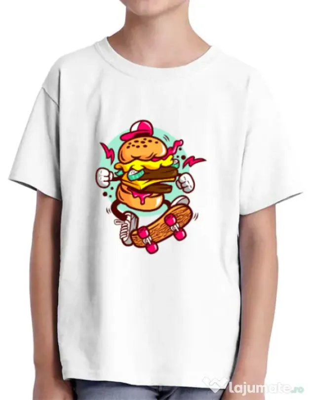 Tricou ADLER copil Burger Skater Alb