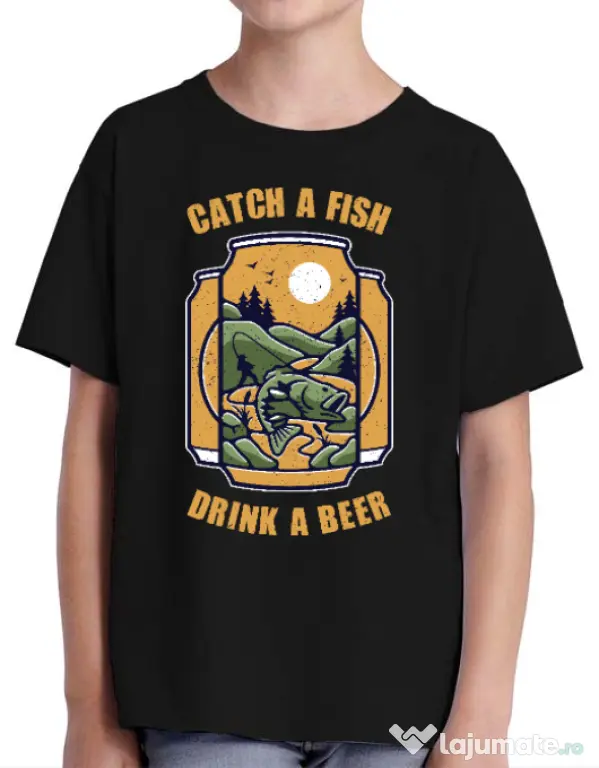Tricou ADLER copil Catch a fish Negru