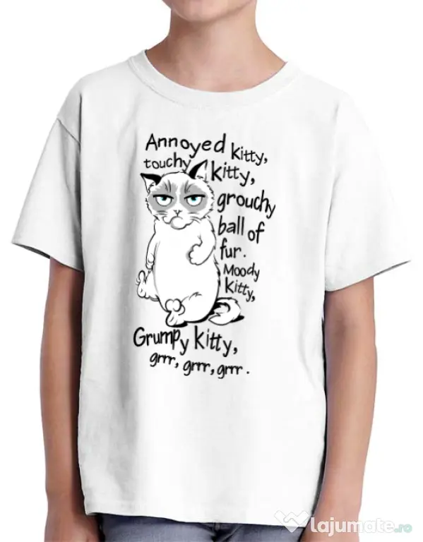 Tricou ADLER copil Grumpy kitty Alb