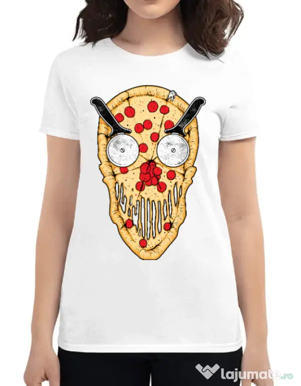 Tricou ADLER dama Pizza skull Alb