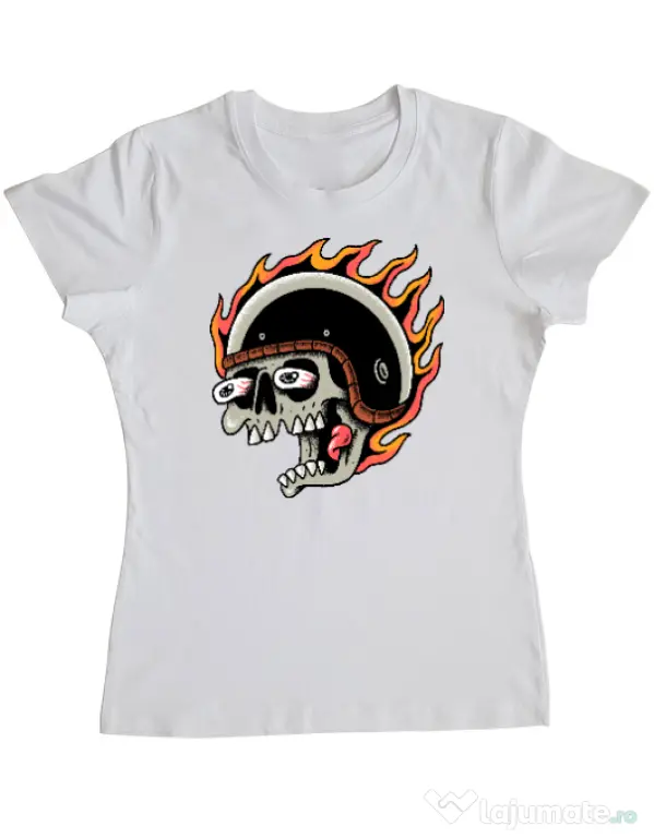 Tricou personalizat dama Skull Biker Alb