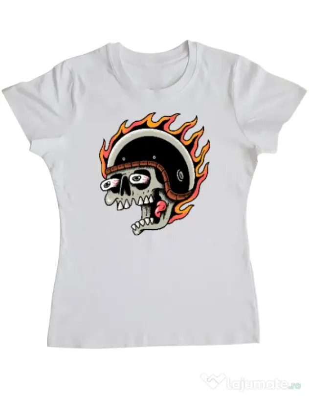 Tricou personalizat dama Skull Biker Alb