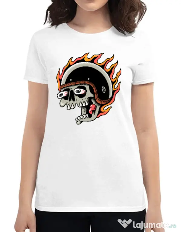 Tricou personalizat dama Skull Biker Alb