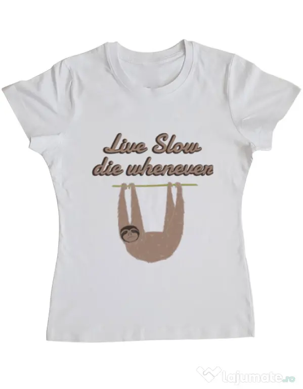 Tricou ADLER dama Live slow, die whenever Alb