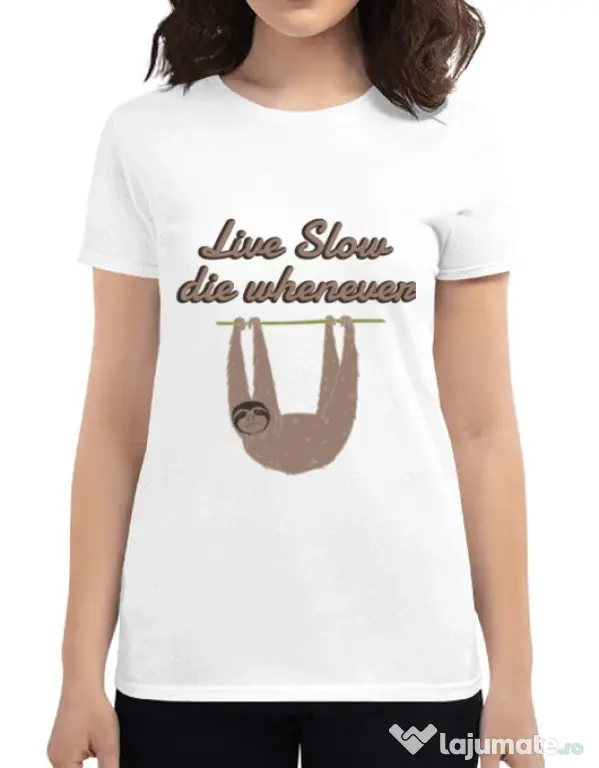 Tricou ADLER dama Live slow, die whenever Alb