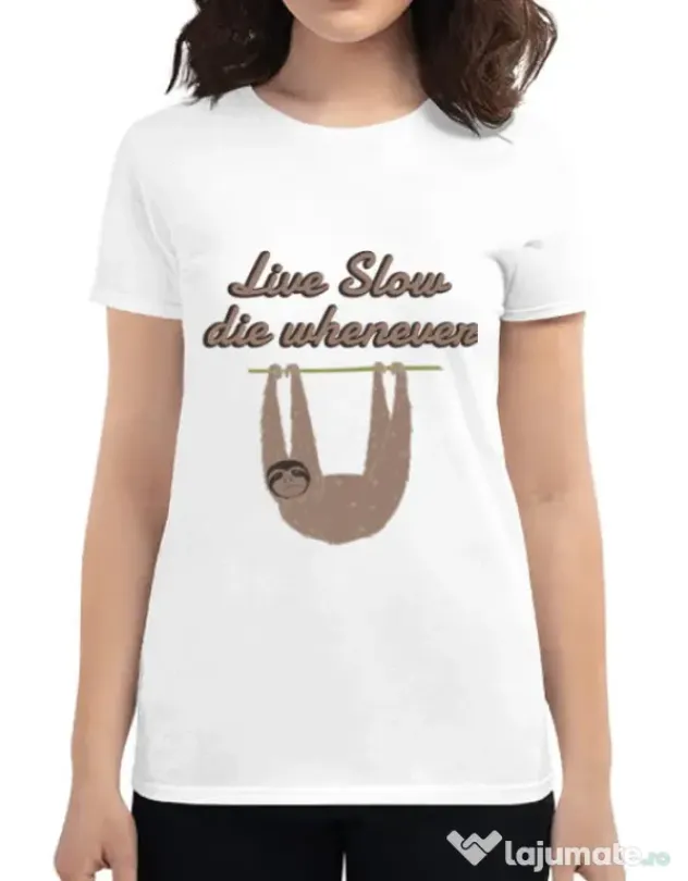 Tricou ADLER dama Live slow, die whenever Alb
