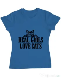 Tricou ADLER dama Real girls love cats Albastru azuriu