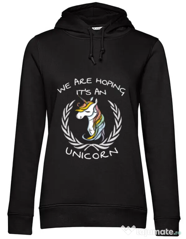 Hoodie dama cu gluga Hoping for an unicorn Negru