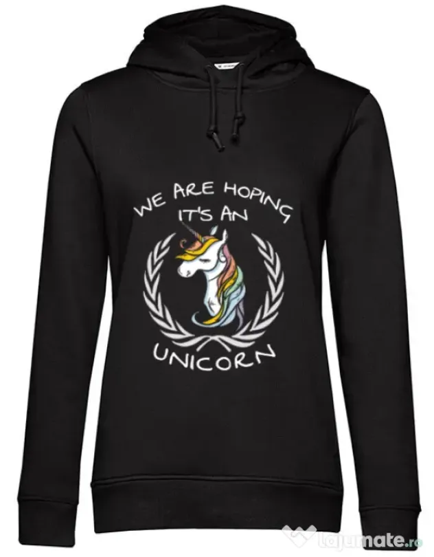 Hoodie dama cu gluga Hoping for an unicorn Negru