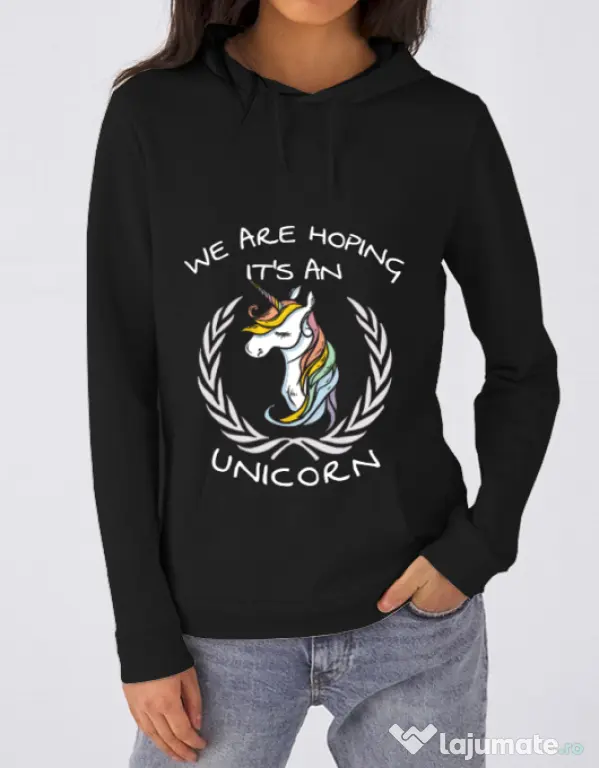 Hoodie dama cu gluga Hoping for an unicorn Negru