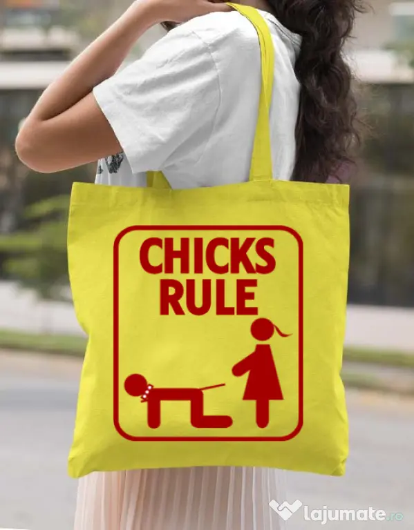 Sacosa personalizata Burlacite Chicks Rule Galben