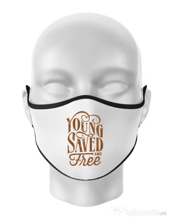 Masca personalizata reutilizabila Young Saved And Free Alb