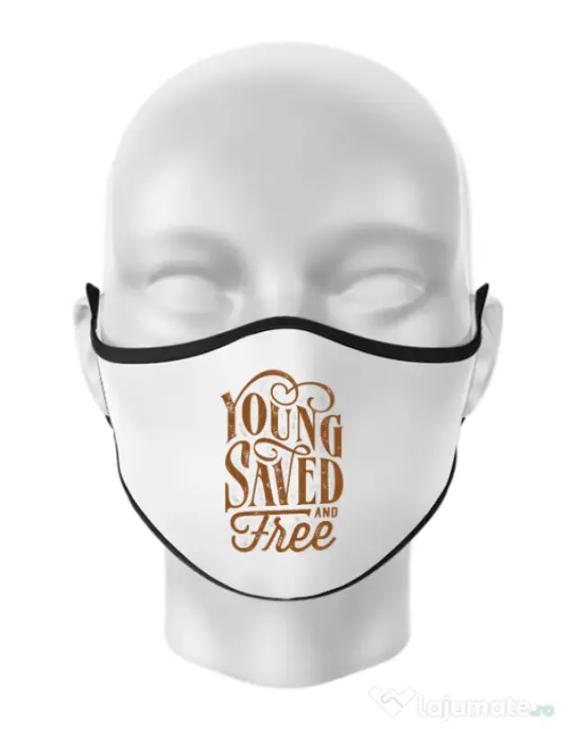 Masca personalizata reutilizabila Young Saved And Free Alb