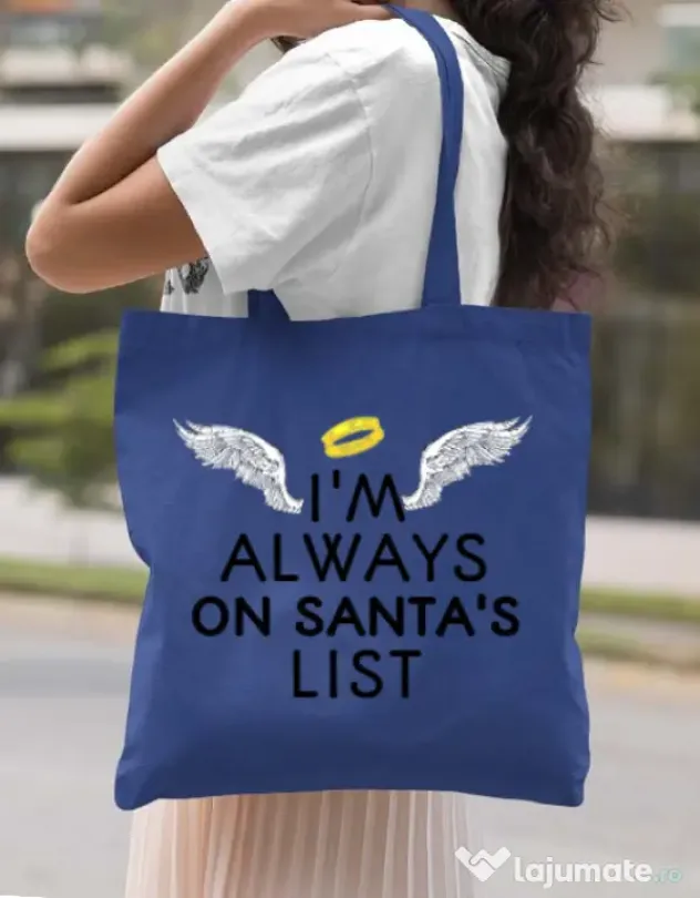 Sacosa din panza Always on santa’s list Albastru regal