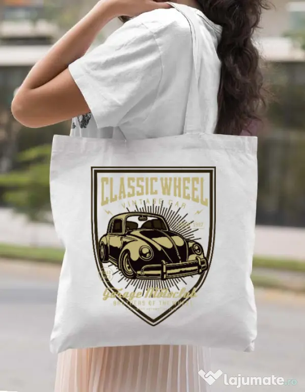 Sacosa din panza Classic Wheel Alb
