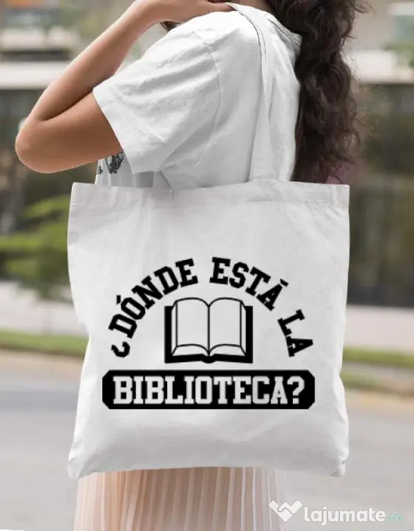 Sacosa din panza Donde esta la biblioteca Alb