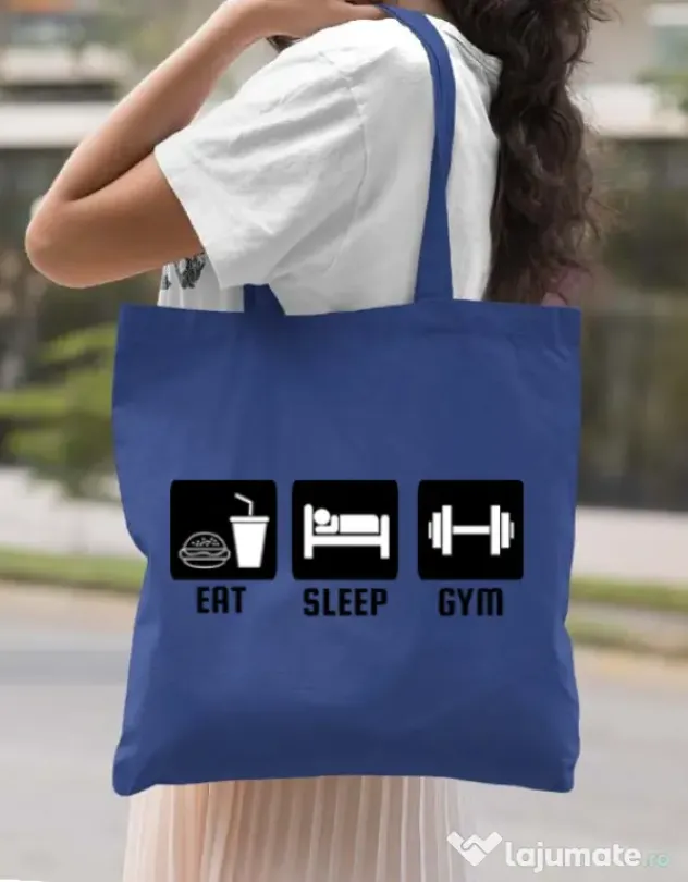 Sacosa din panza Eat sleep gym Albastru regal