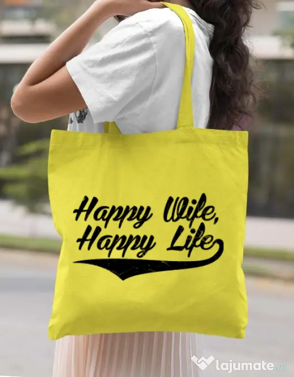 Sacosa din panza Happy life Galben