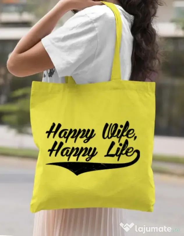 Sacosa din panza Happy life Galben
