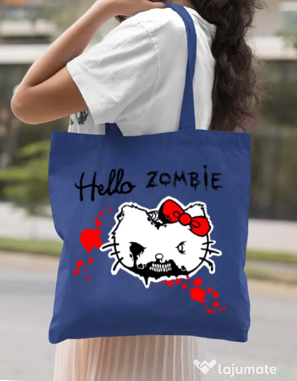 Sacosa din panza Hello zombie Albastru regal