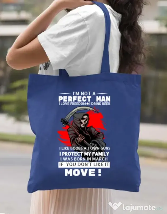 Sacosa din panza I am not a perfect man Albastru regal