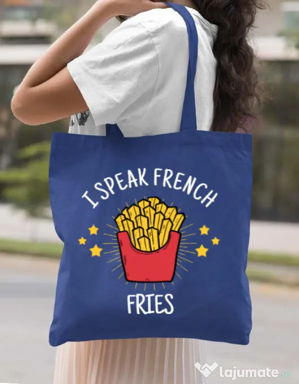 Sacosa din panza I speak french Albastru regal