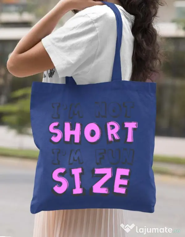 Sacosa din panza I'm not short Albastru regal