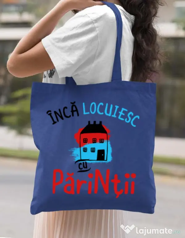 Sacosa din panza Inca locuiesc cu parintii Albastru regal