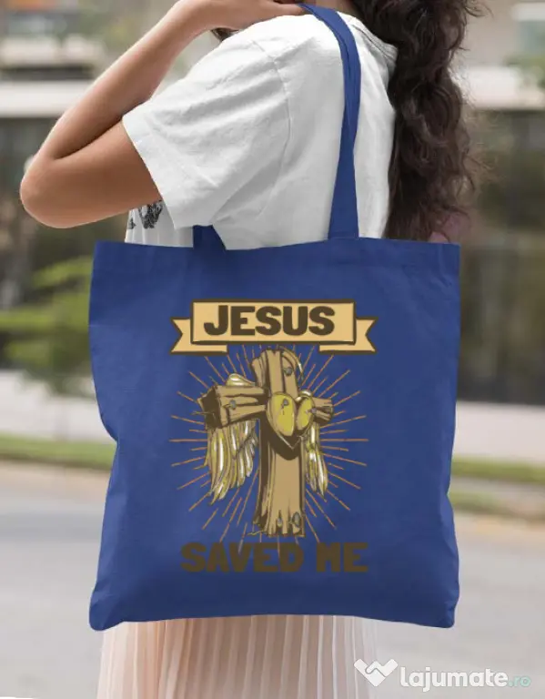 Sacosa din panza Jesus Saved Me Albastru regal
