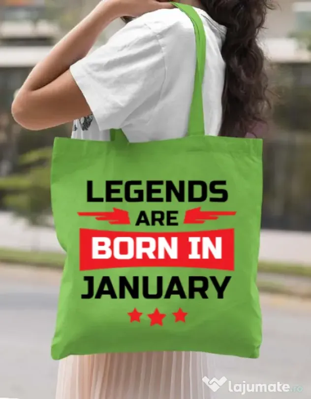 Sacosa din panza Legends are born in January Verde mar