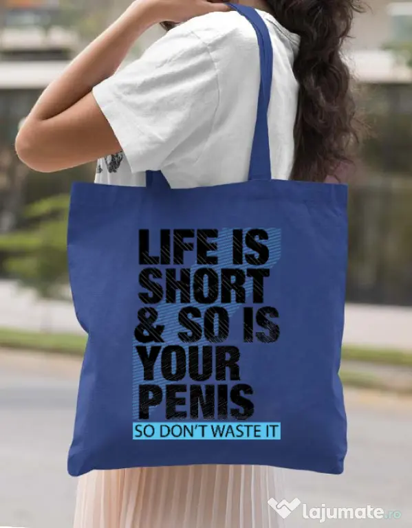 Sacosa din panza Life is short Albastru regal