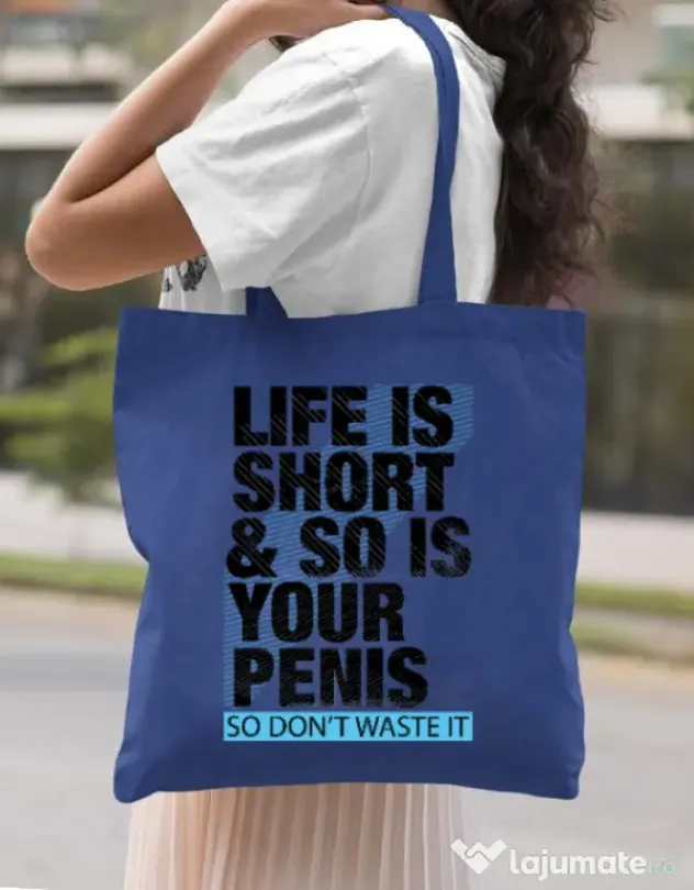 Sacosa din panza Life is short Albastru regal