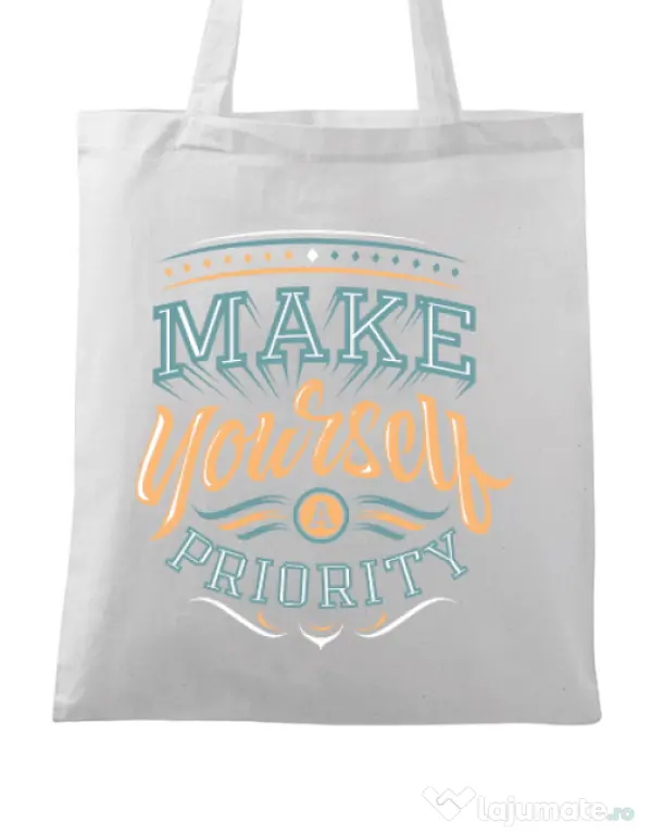 Sacosa din panza Make yourself a priority Alb