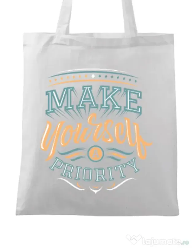 Sacosa din panza Make yourself a priority Alb