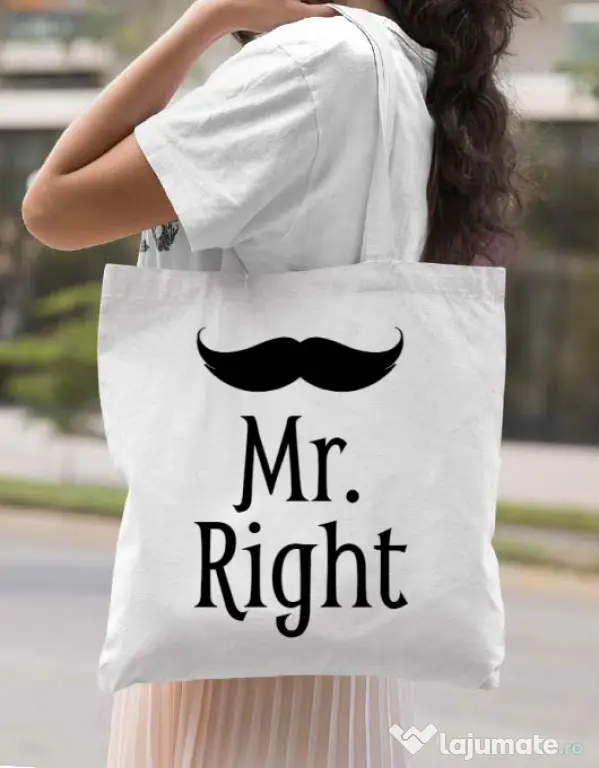 Sacosa din panza Mr. right Alb