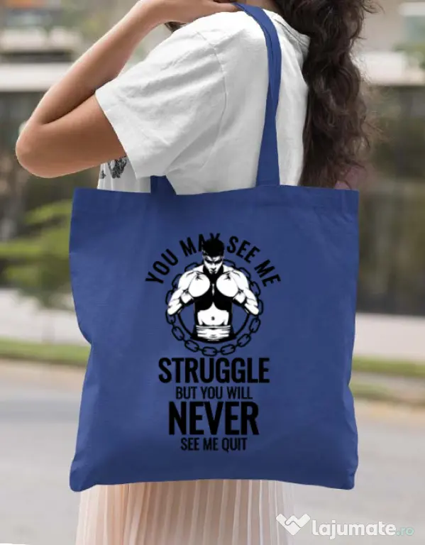 Sacosa din panza Never quit Albastru regal