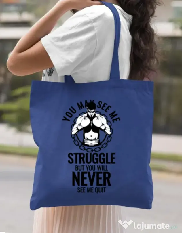 Sacosa din panza Never quit Albastru regal