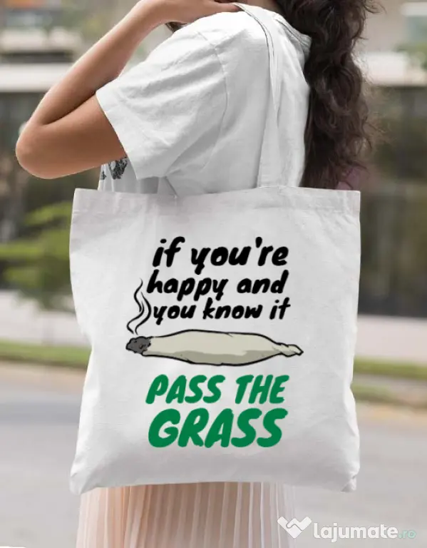 Sacosa din panza Pass the grass Alb