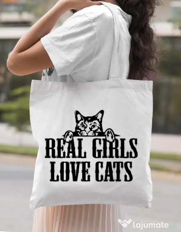 Sacosa din panza Real girls love cats Alb