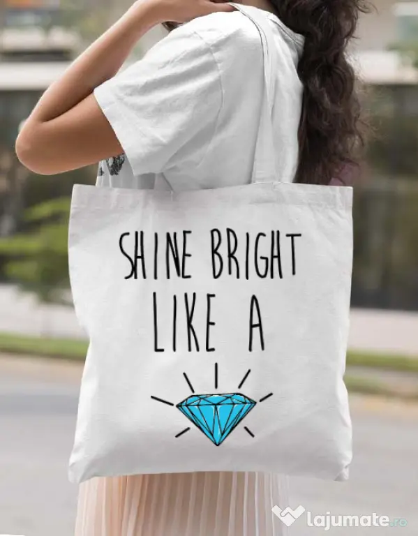 Sacosa din panza Shine bright like a diamond Alb