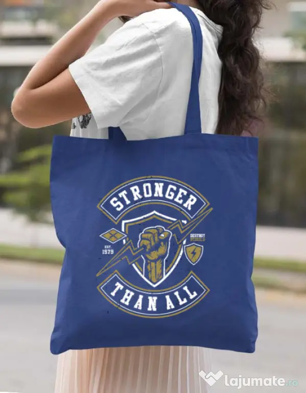 Sacosa din panza Stronger Than All Albastru regal