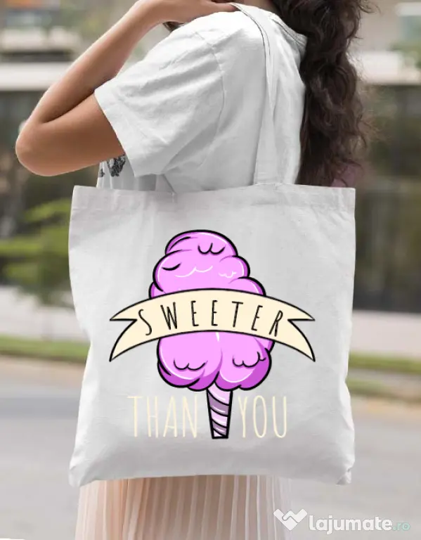 Sacosa din panza Sweeter than you Alb