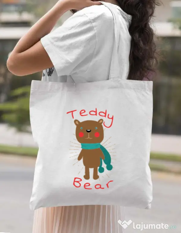 Sacosa din panza Teddy bear Alb