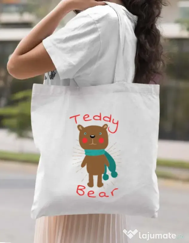 Sacosa din panza Teddy bear Alb