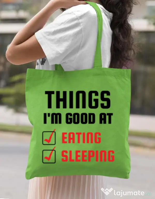 Sacosa din panza Things I am good at Verde mar