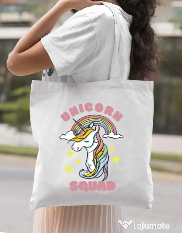 Sacosa din panza Unicorn squad Alb