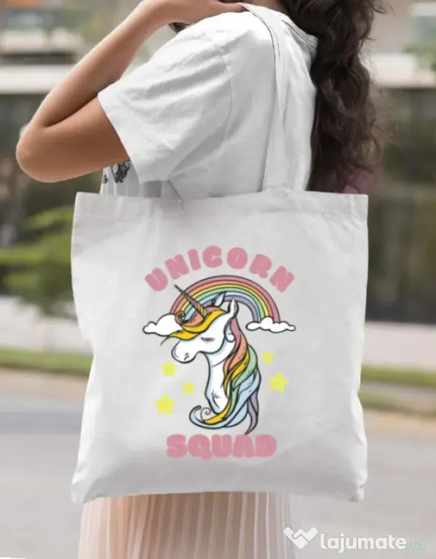 Sacosa din panza Unicorn squad Alb