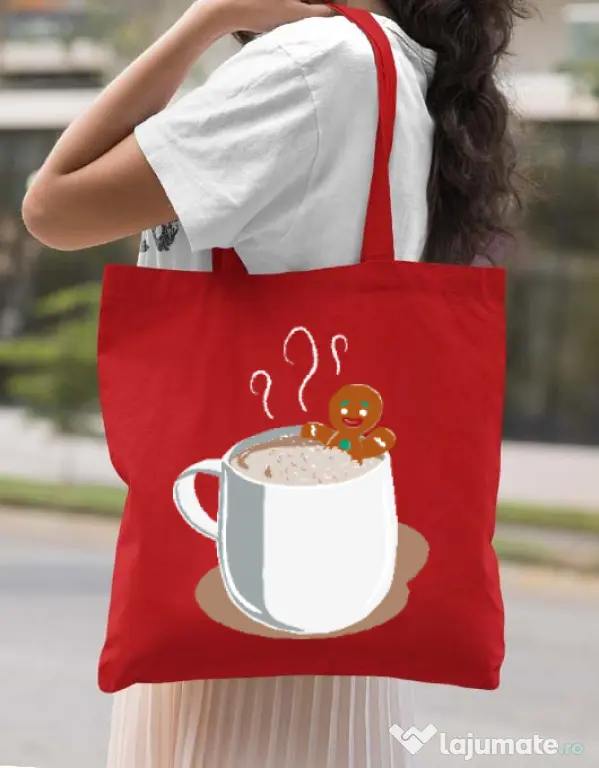 Sacosa din panza Gingerbread man Rosu